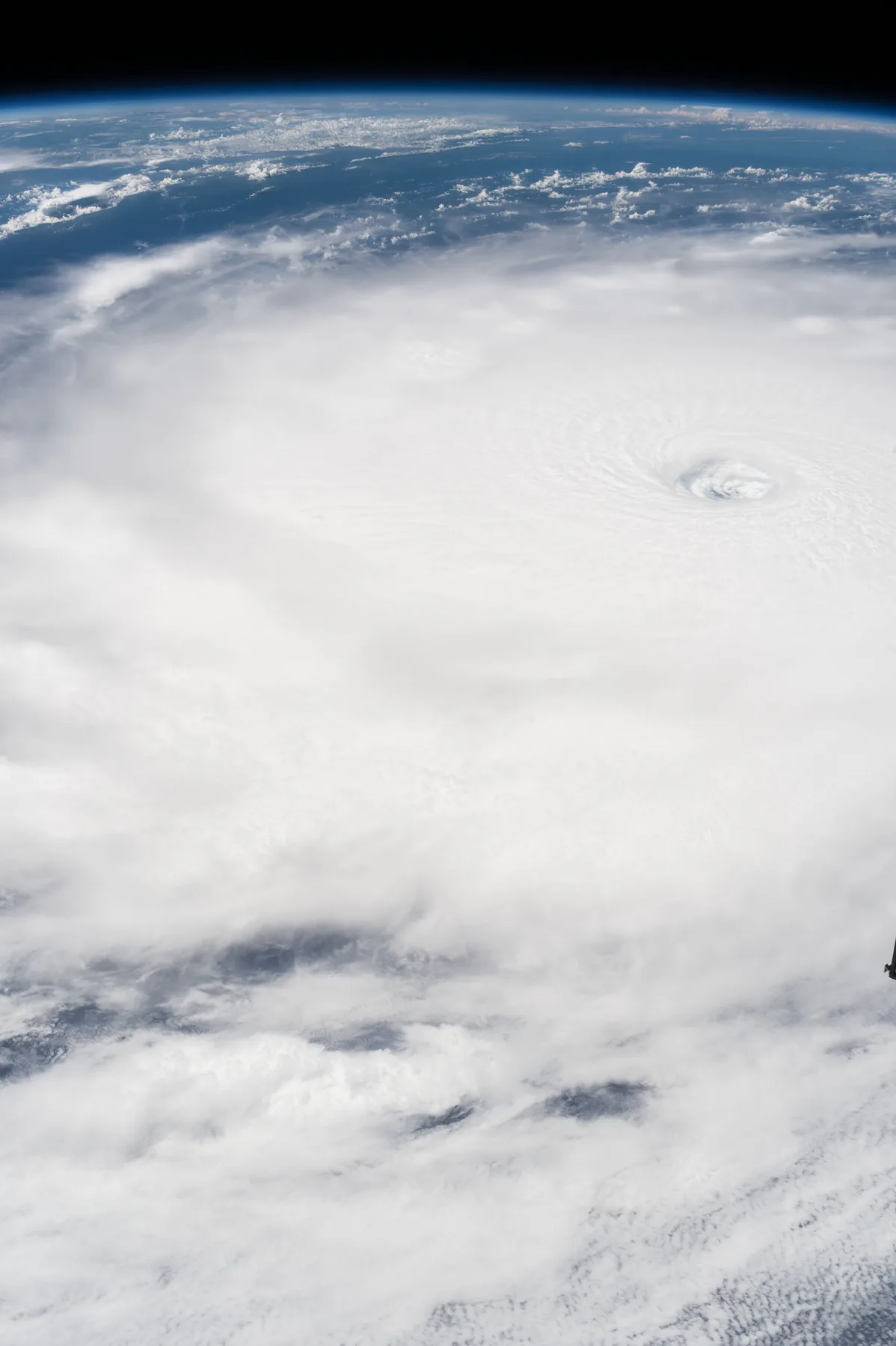 The small eye of Hurricane Irma surrounded by spiraling white clouds, with Earth’s blue horizon and black space above.